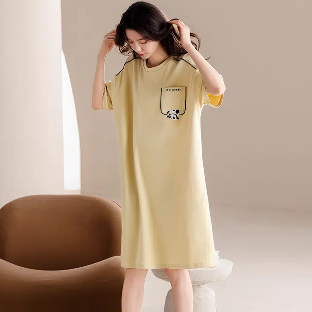 俏佳人 公主风带胸垫纯棉休闲柔软舒适透气可外穿短袖家居服睡裙 女款