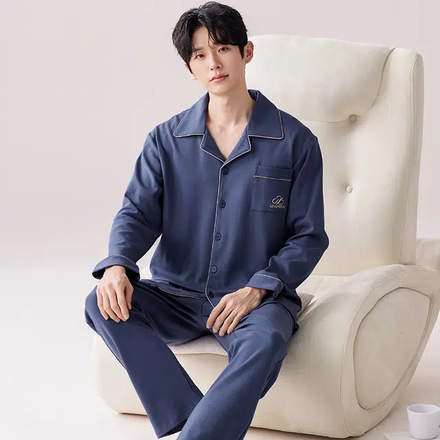 俏佳人 翻领开衫简约时尚纯色家居服舒适透气长袖长裤睡衣套装 男款 宝石蓝