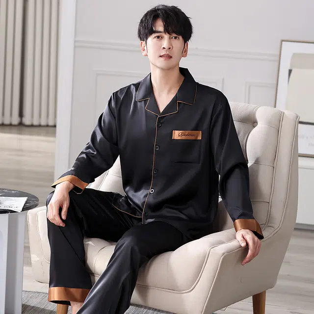 俏佳人 丝滑冰丝高级感翻领开衫简约纯色休闲亲肤舒适透气长袖长裤家居服睡衣套装 男款