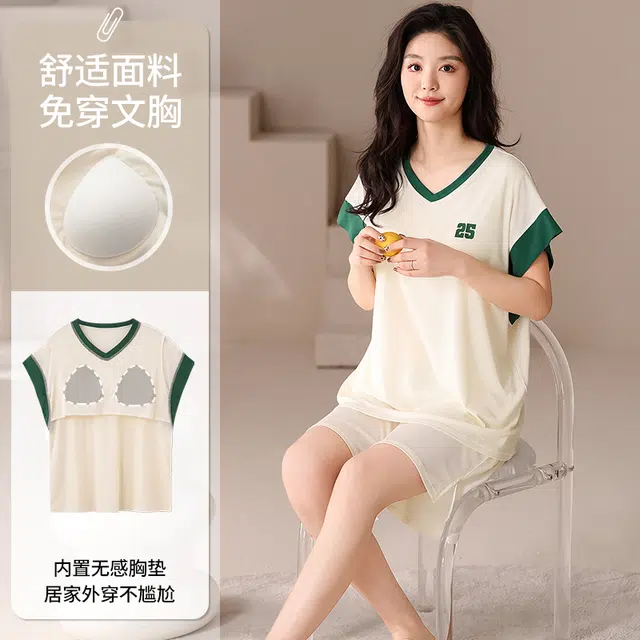 俏佳人 带胸垫套头运动风可外穿短袖透气家居服垂感亲肤休闲舒适睡衣套装 女款