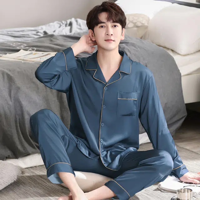 俏佳人 丝滑冰丝高级感翻领开衫纯色简约休闲亲肤舒适透气家居服长袖长裤睡衣套装 男款