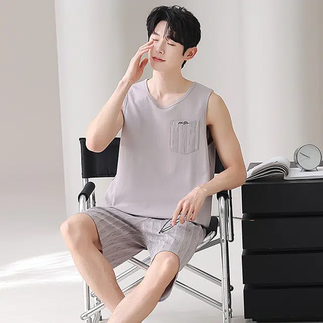 俏佳人 纯棉舒适透气慵懒休闲背心家居服睡衣套装 男款