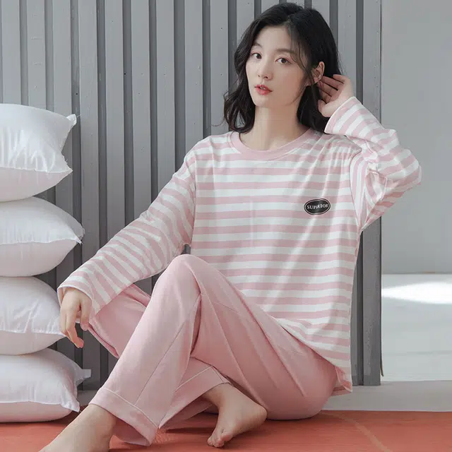 俏佳人 纯棉圆领套头基础条纹休闲宽松舒适亲肤透气长袖长裤可外穿家居服睡衣套装 女款