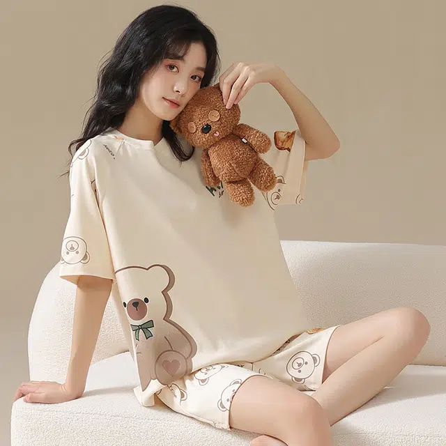 俏佳人 甜美卡通柔软亲肤休闲可外穿短袖慵懒家居服睡衣套装 女款