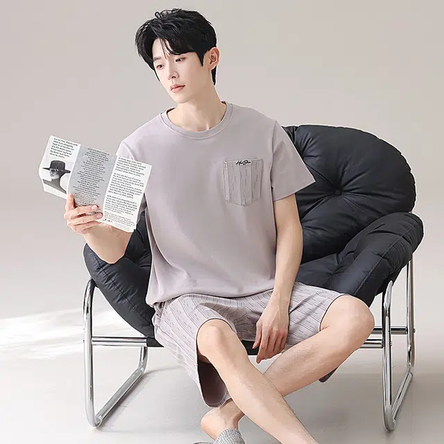 俏佳人 纯棉舒适透气休闲慵懒短袖家居服基础纯色睡衣套装 男款