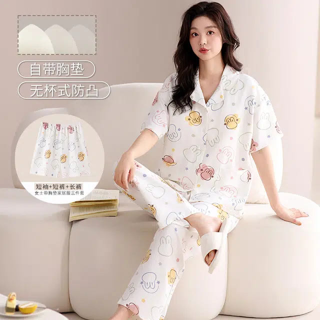 俏佳人 带胸垫三件套卡通舒适开衫透气亲肤短袖家居服睡衣套装 女款