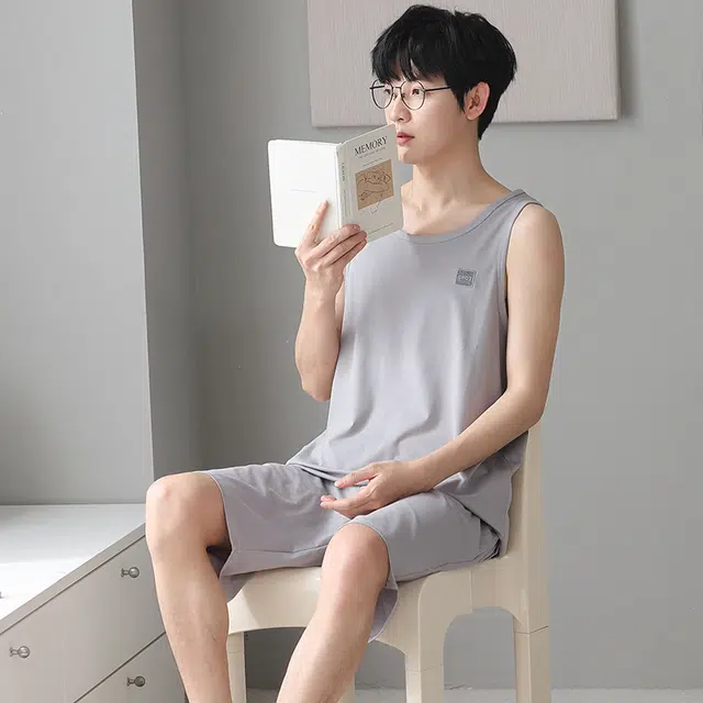 俏佳人 纯色柔软亲肤韩版基础休闲慵懒家居服睡衣套装 男款