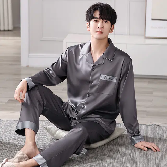 俏佳人 丝滑冰丝高级感开衫翻领简约纯色休闲亲肤舒适透气家居服长袖长裤睡衣套装 男款