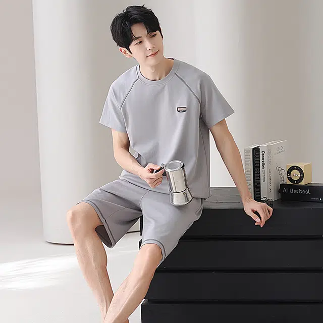 俏佳人 纯棉舒适透气基础慵懒短袖家居服纯色休闲睡衣套装 男款
