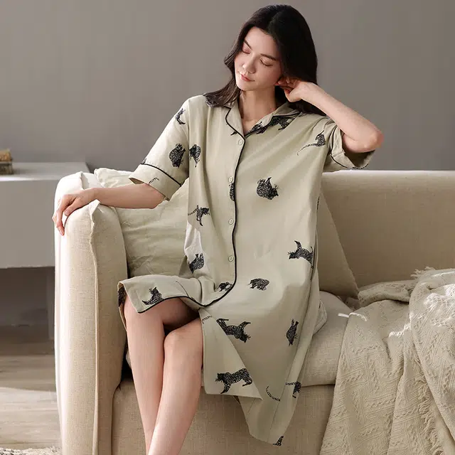 俏佳人 纯棉柔软亲肤透气基础翻领休闲短袖慵懒家居服睡裙 女款