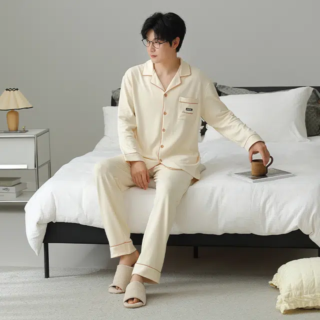 俏佳人 拉架棉开衫简约基础柔软宽松慵懒风舒适透气亲肤可外穿家居服睡衣套装 男款