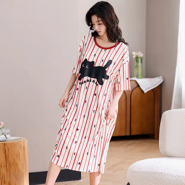 俏佳人 带胸垫舒适套头休闲慵懒风可外穿透气短袖家居服垂感亲肤睡裙 女款