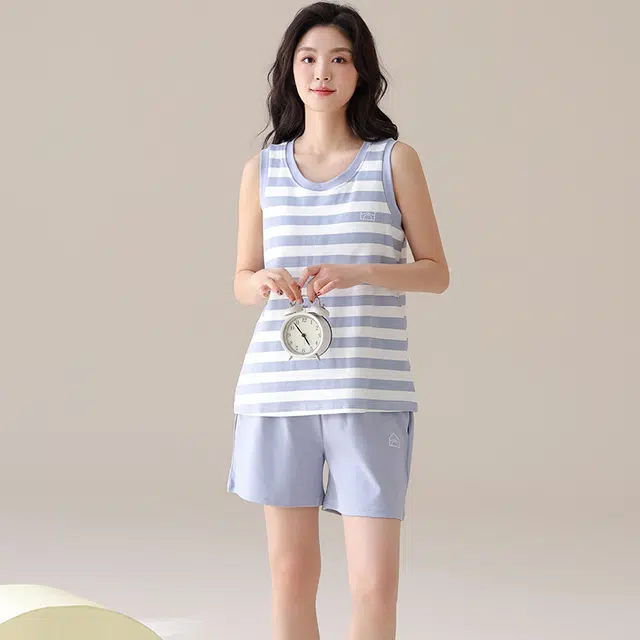 俏佳人 韩版简约休闲带胸垫条纹舒适透气可外穿家居服睡衣套装 女款