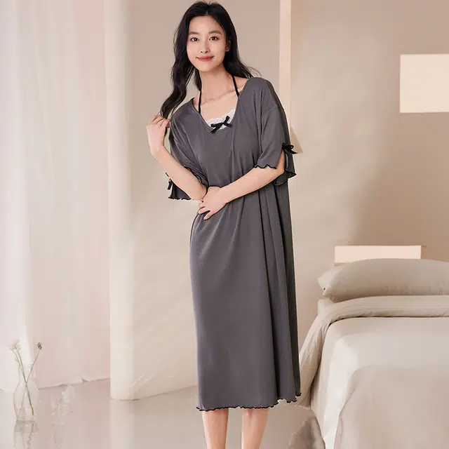 俏佳人 带胸垫设计感短袖套头休闲慵懒风舒适可外穿透气垂感亲肤家居服睡裙 女款