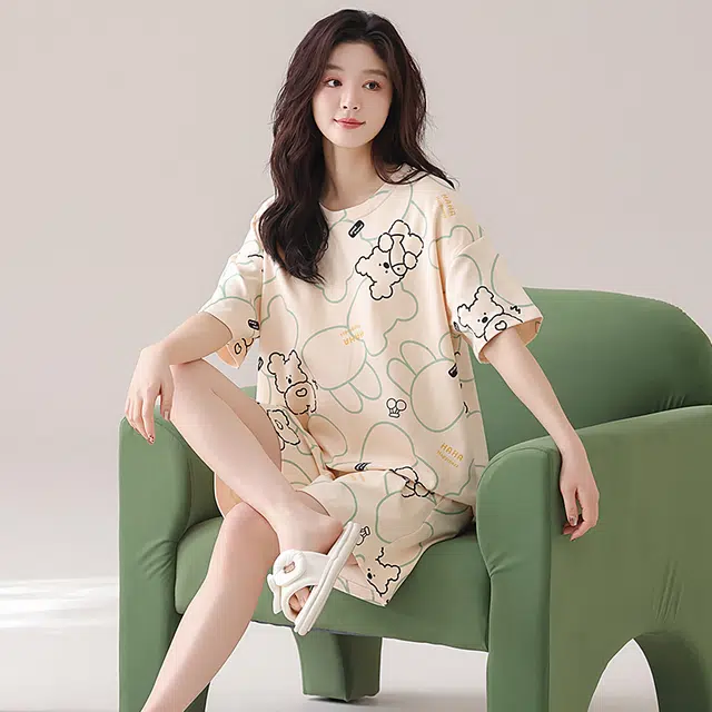 俏佳人 带胸垫纯棉圆领套头舒适透气慵懒休闲可外穿圆领短袖短裤家居服睡衣套装 女款