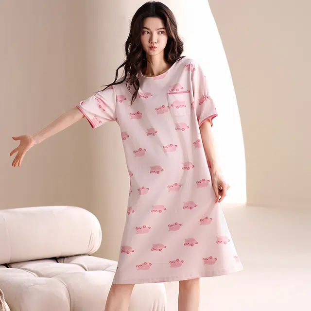 俏佳人 带胸垫纯棉公主风休闲柔软舒适透气可外穿短袖家居服睡裙 女款