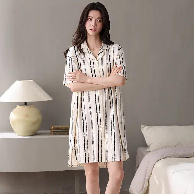 俏佳人 纯棉柔软亲肤透气基础慵懒翻领休闲短袖家居服睡裙 女款