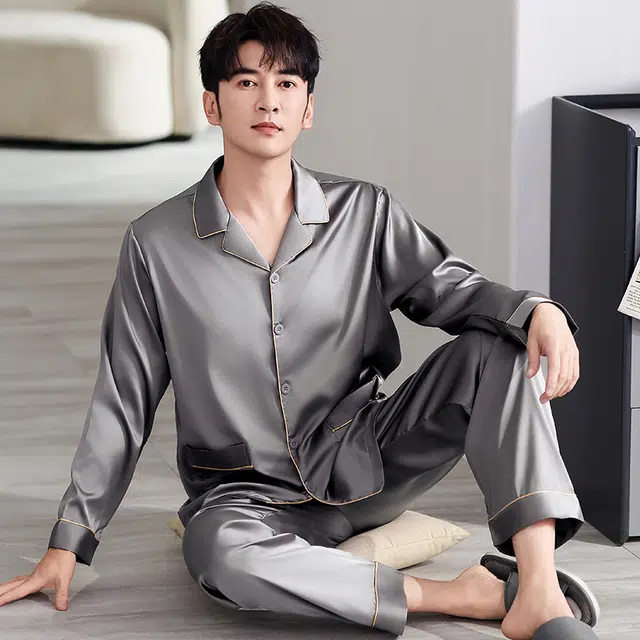 俏佳人 丝滑冰丝高级感翻领开衫纯色休闲简约亲肤舒适透气长袖长裤家居服睡衣套装 男款