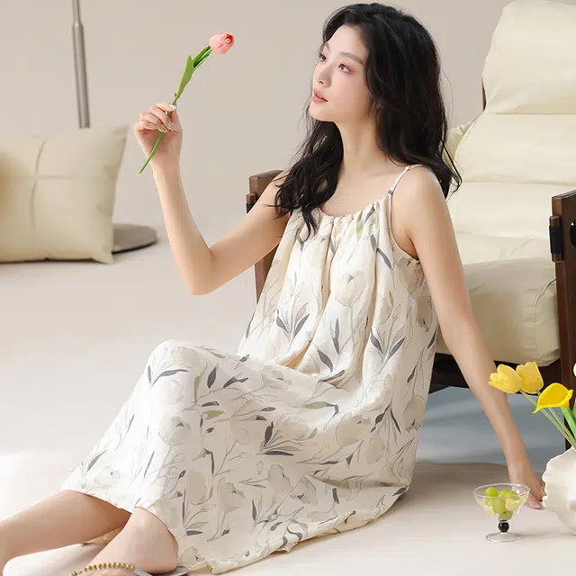 俏佳人 带胸垫透气舒适休闲慵懒吊带家居服柔软亲肤无袖睡裙 女款