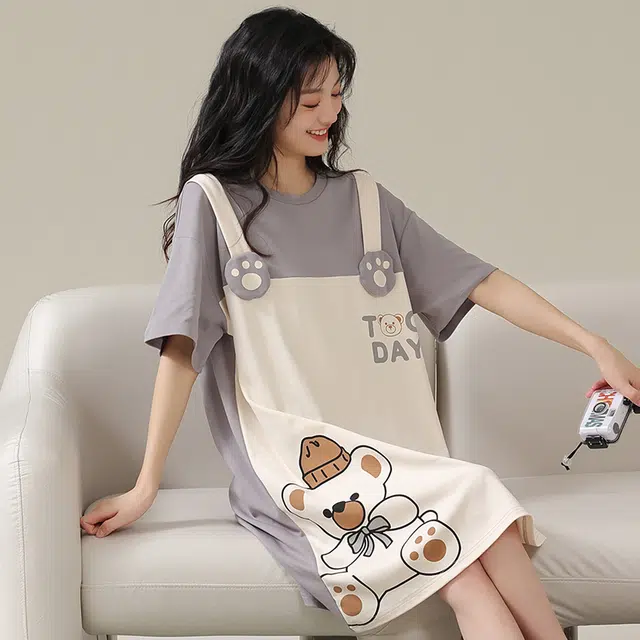 俏佳人 柔软亲肤小熊公主风休闲套头慵懒短袖家居服睡裙 女款