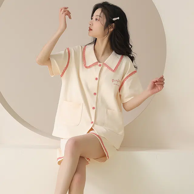 俏佳人 柔软亲肤休闲可外穿基础开衫短袖短裤慵懒宽松家居服睡衣套装 女款