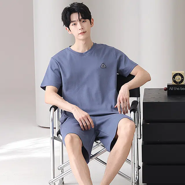 俏佳人 纯棉舒适透气慵懒短袖基础纯色休闲家居服睡衣套装 男款