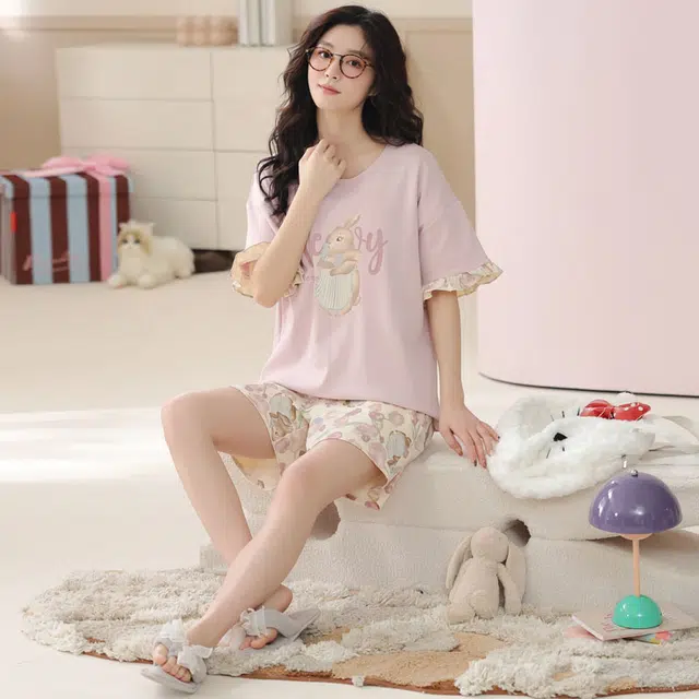 俏佳人 家居服纯棉套头舒适透气慵懒休闲可外穿圆领短袖睡衣套装 女款