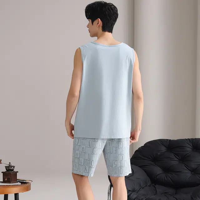 俏佳人 纯棉舒适透气简约背心家居服套头休闲慵懒风可外穿睡衣套装 男款