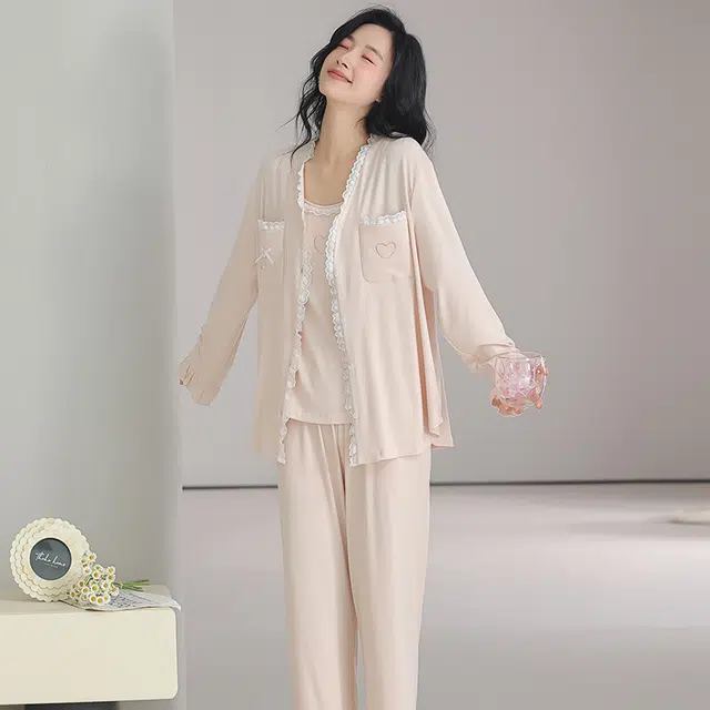 俏佳人 纯欲风蕾丝拼接高级感小吊带外套长裤三件套带胸垫亲肤舒适可外穿家居服睡衣套装 女款