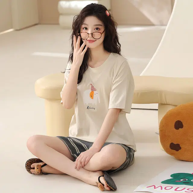 俏佳人 纯棉套头舒适透气慵懒休闲可外穿家居服圆领短袖睡衣套装 女款