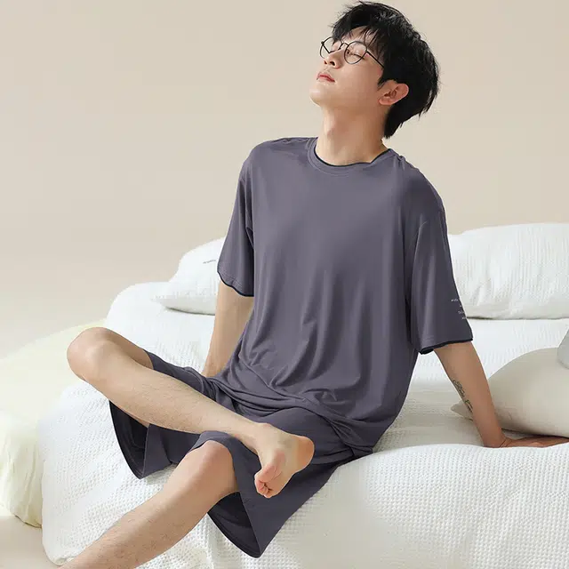 俏佳人 休闲垂感柔软亲肤透气基础短袖慵懒家居服睡衣套装 男款