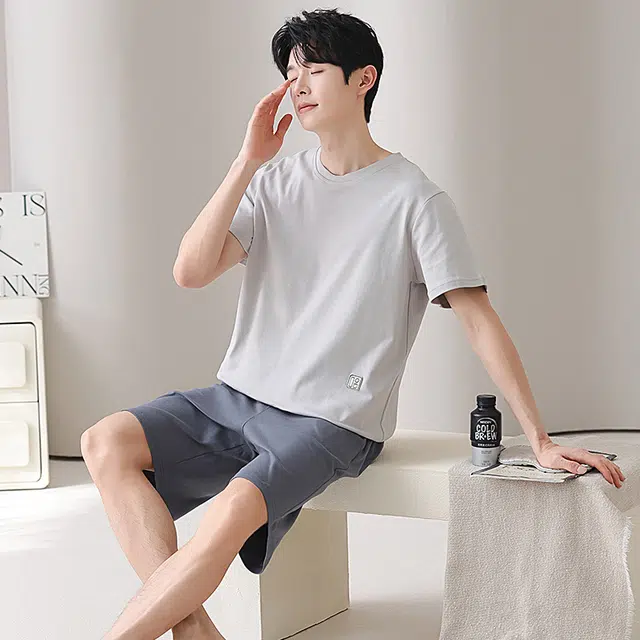 俏佳人 纯棉舒适透气基础纯色短袖休闲慵懒家居服睡衣套装 男款
