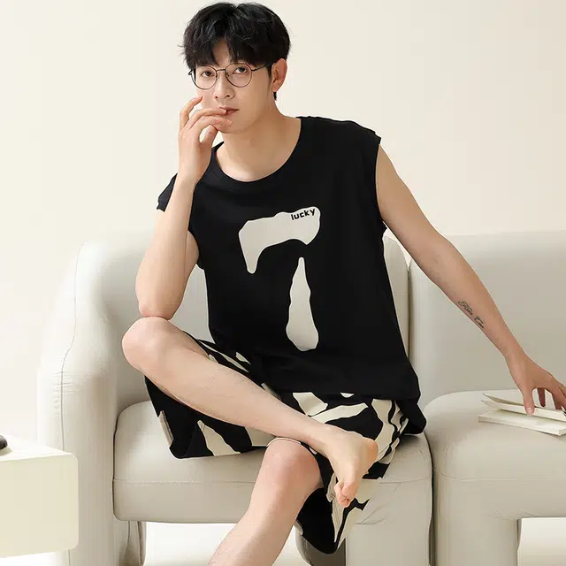 俏佳人 柔软亲肤休闲可外穿套头背心慵懒家居服睡衣套装 男款