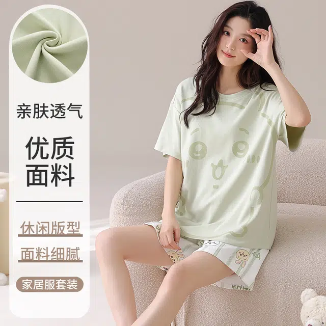 俏佳人 纯棉套头舒适慵懒短袖透气休闲家居服柔软亲肤睡衣套装 女款