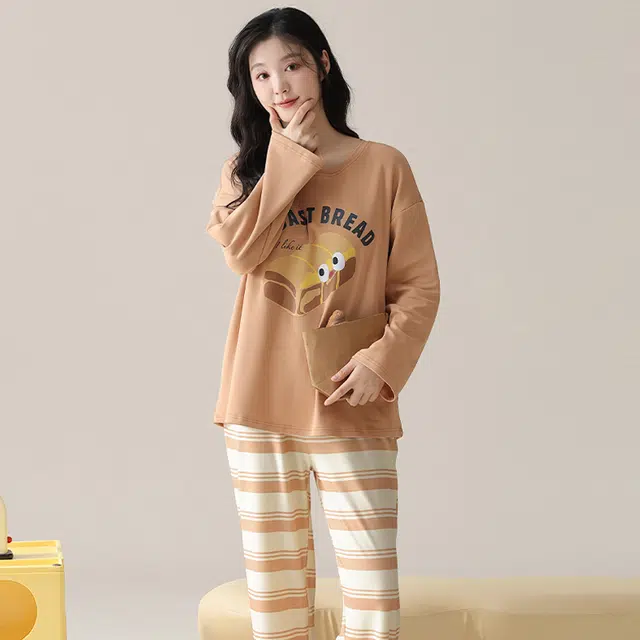 俏佳人 纯棉圆领套头条纹字母休闲宽松舒适亲肤透气长袖长裤可外穿家居服睡衣套装 女款
