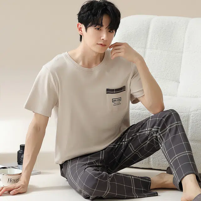 俏佳人 柔软亲肤格子条纹休闲短袖长裤慵懒家居服睡衣套装 男款