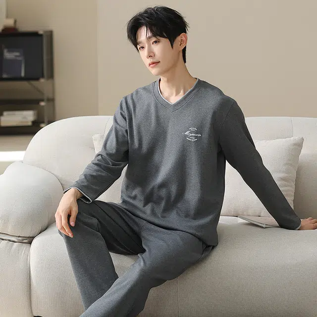 俏佳人 纯棉套头圆领休闲宽松可外穿纯色家居服字母柔软亲肤舒适透气长袖长裤睡衣套装 男款