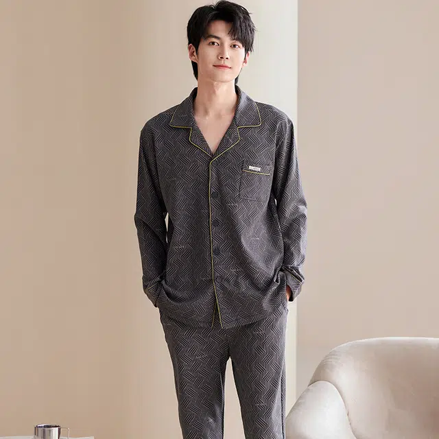 俏佳人 翻领开衫简约时尚条纹舒适透气长袖长裤家居服睡衣套装 男款 深灰色