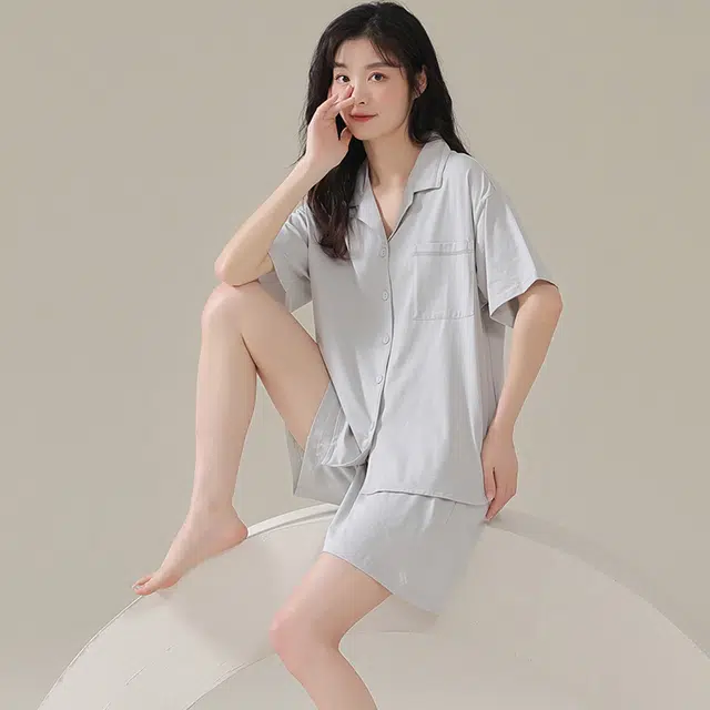 俏佳人 基础纯色柔软亲肤休闲开衫慵懒短袖家居服睡衣套装 女款