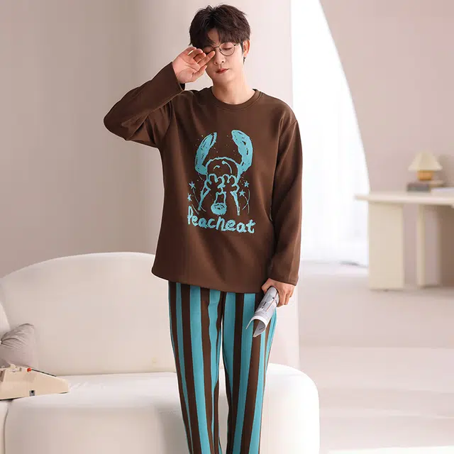 俏佳人 纯棉圆领套头卡通条纹休闲舒适可外穿长袖长裤时尚家居服睡衣套装 男款