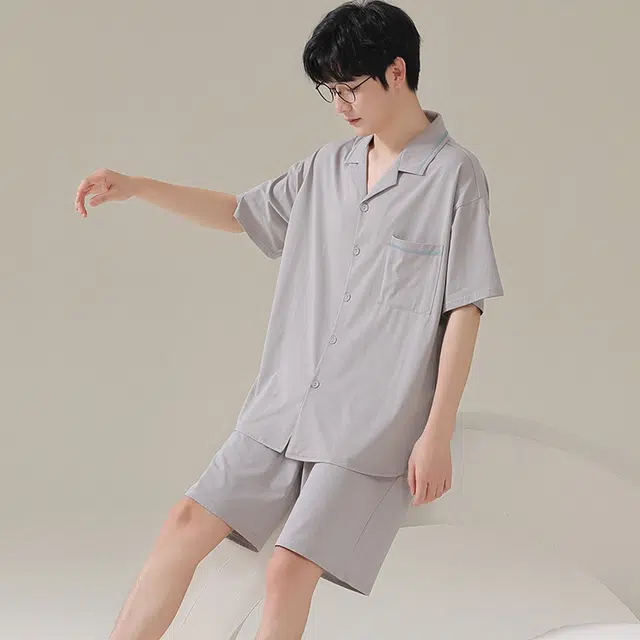 俏佳人 纯色韩版基础柔软亲肤休闲开衫慵懒短袖家居服睡衣套装 男款