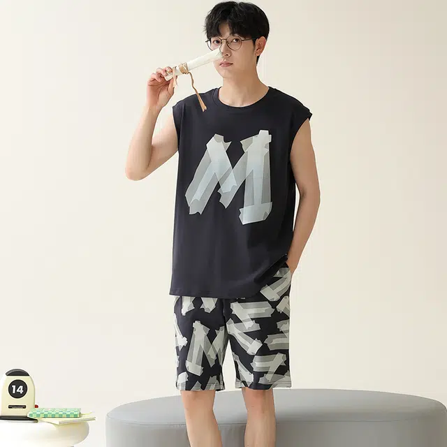 俏佳人 柔软亲肤休闲可外穿套头背心慵懒宽松家居服睡衣套装 男款