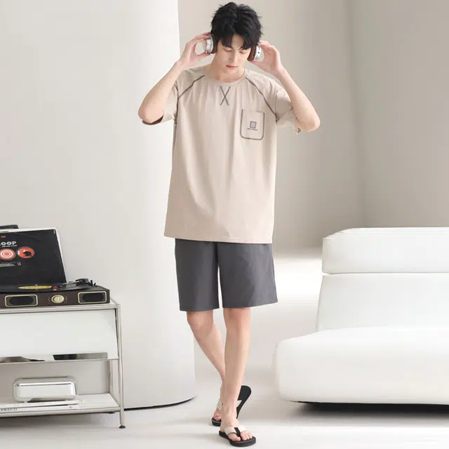 俏佳人 纯棉舒适透气基础休闲慵懒短袖家居服睡衣套装 男款