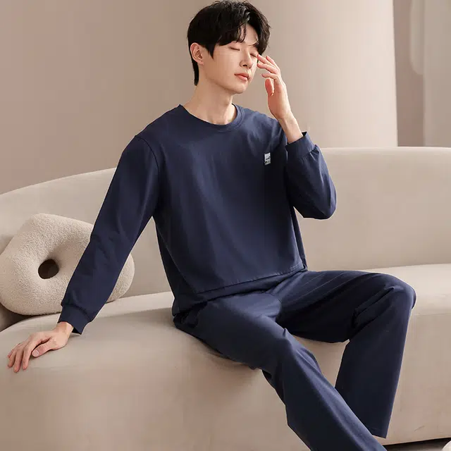 俏佳人 纯棉圆领套头纯色休闲宽松柔软舒适可外穿长袖长裤家居服睡衣套装 男款