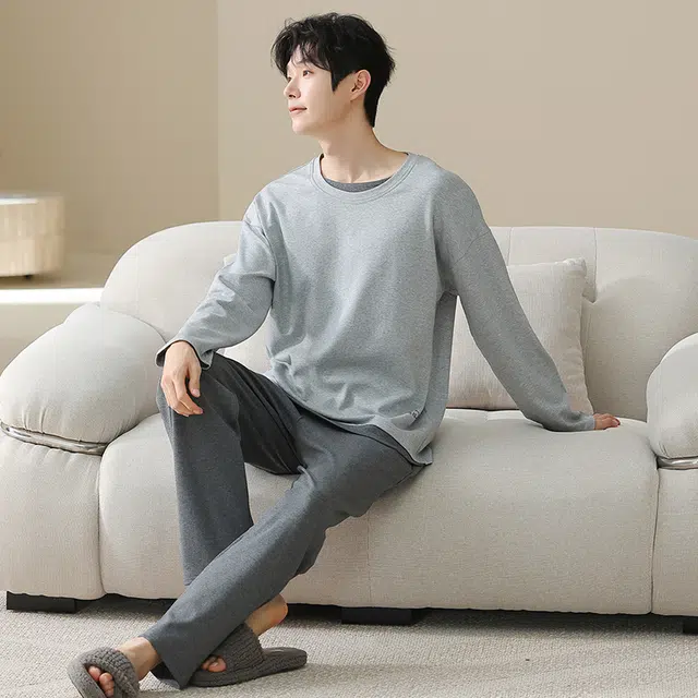 俏佳人 纯棉套头圆领休闲宽松可外穿家居服拼色柔软亲肤舒适透气长袖长裤睡衣套装 男款