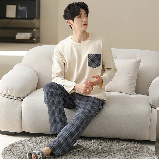 俏佳人 纯棉套头圆领休闲宽松可外穿家居服纯色格子柔软亲肤舒适透气长袖长裤睡衣套装 男款