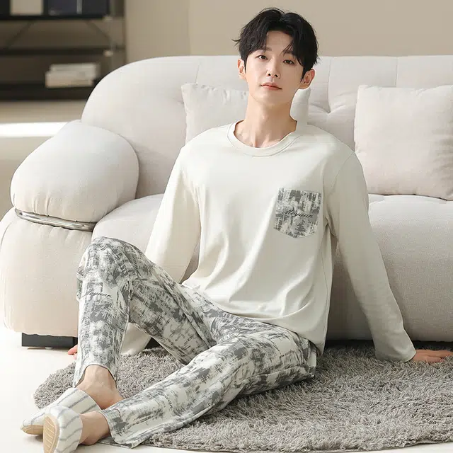 俏佳人 纯棉套头圆领休闲宽松可外穿家居服涂鸦柔软亲肤舒适透气长袖长裤睡衣套装 男款