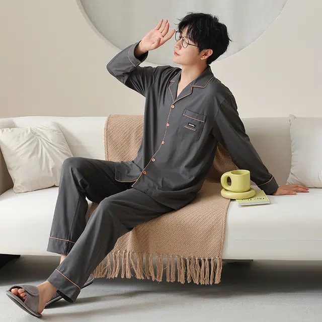 俏佳人 拉架棉开衫简约基础宽松慵懒风舒适透气亲肤可外穿家居服睡衣套装 男款