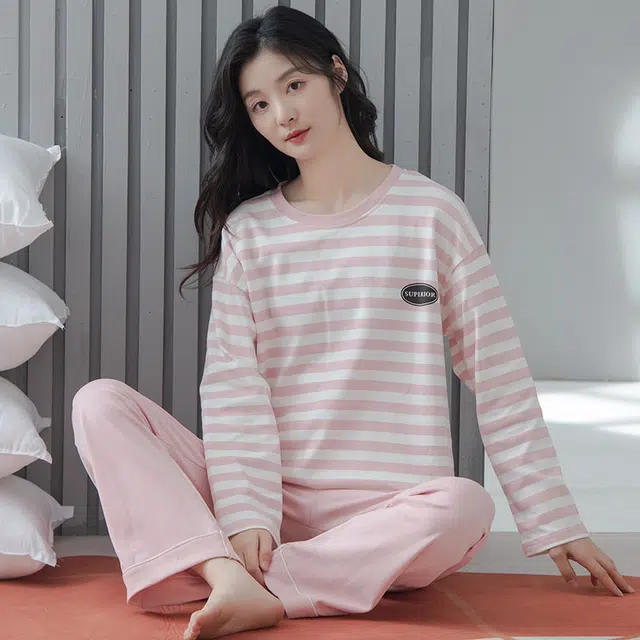 俏佳人 纯棉圆领套头基础条纹休闲宽松舒适亲肤透气长袖长裤可外穿家居服睡衣套装 女款
