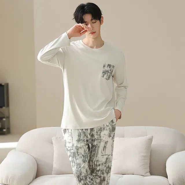俏佳人 纯棉套头圆领休闲宽松可外穿家居服涂鸦柔软亲肤舒适透气长袖长裤睡衣套装 男款